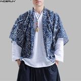 INCERUN 2018 Cotton Linen Mens Fashion Casual Print Shirt Male Summer Half Sleeve Loose Kimono Shirt Chinese Open Stitch Shirts