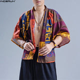 INCERUN 2018 Cotton Linen Mens Fashion Casual Print Shirt Male Summer Half Sleeve Loose Kimono Shirt Chinese Open Stitch Shirts